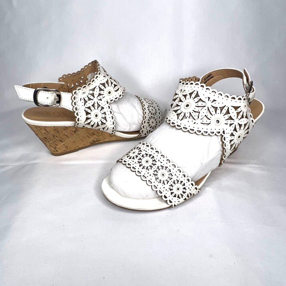 XOXO White/Cork Eyelet Wedge Double Strap Slingback Sandals 7M